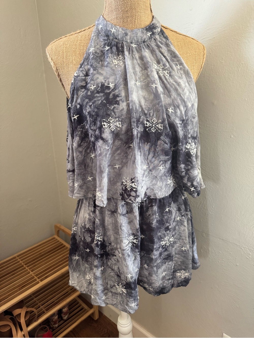 Gray Tie-Dye Halter Romper with Open Back